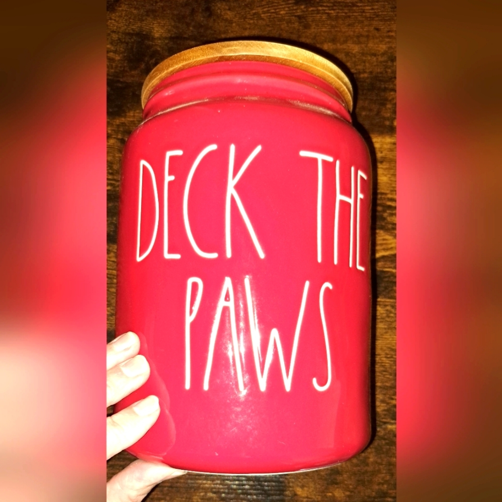 NWOT Rae Dunn DECK THE PAWS Red Pet Cat Dog Christmas Treat Canister Wood Lid